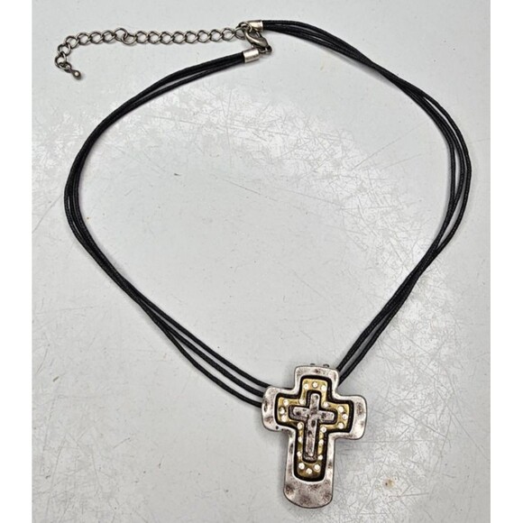 Vtg Premier Designs Two Tone Rhinestone Cross Pendant Necklace Religious 16"L - Picture 1 of 5